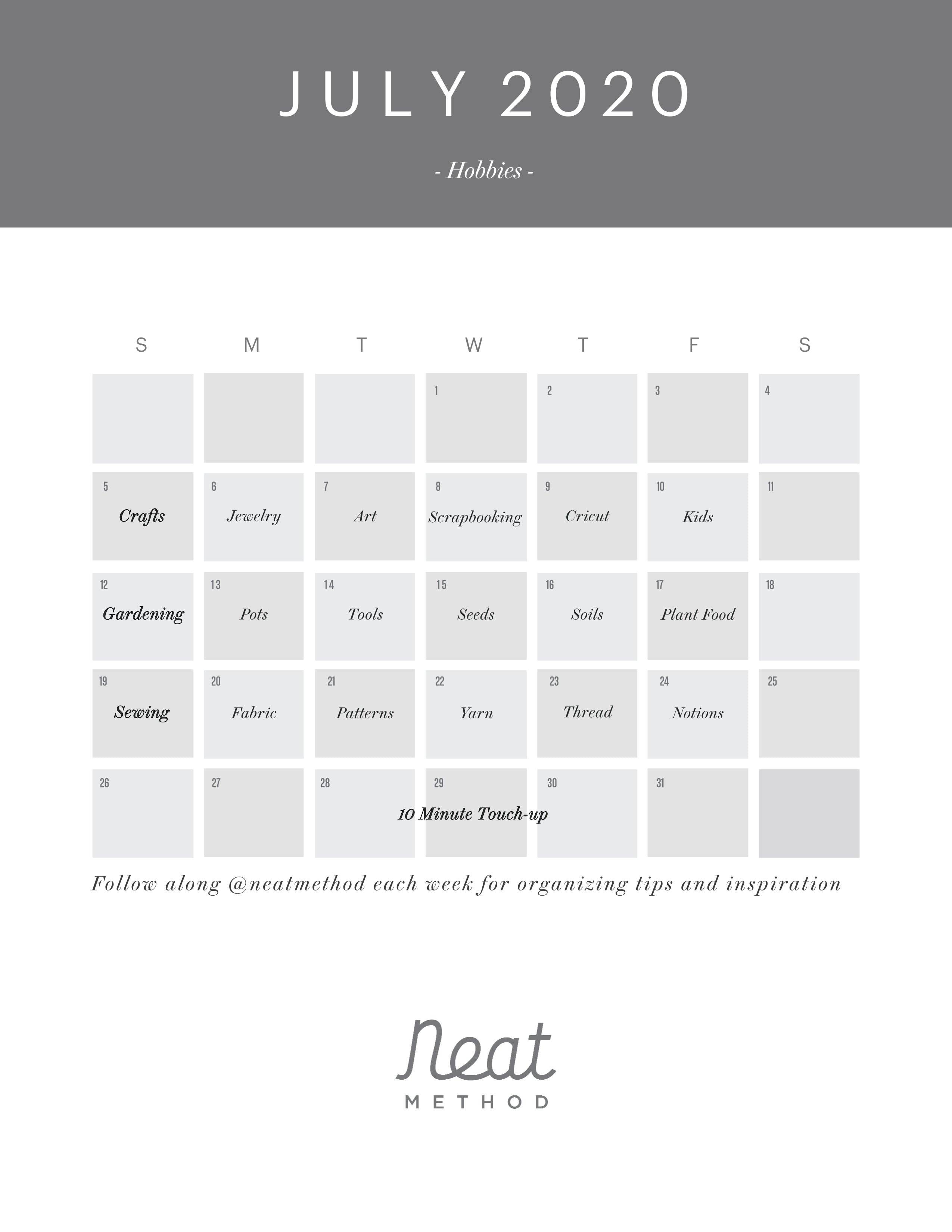 August Organizing Calendar