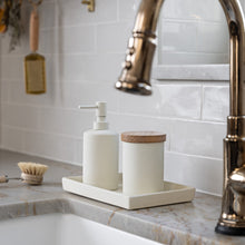 Load image into Gallery viewer, kitchen sink with white ceramic set including tray, jar with wood lid and liquid pump dispenser