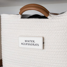 Load image into Gallery viewer, white cotton rope bin with white removable pre-printed label for mudrooms