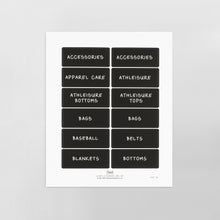Load image into Gallery viewer, single page of black removable pre-printed labels for closets