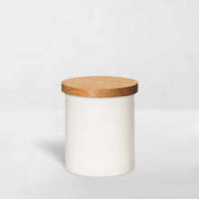 Load image into Gallery viewer, white ceramic jar with wood lid for organizing bathroom toiletries