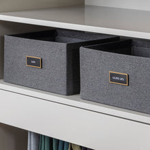 Load image into Gallery viewer, closet with dark grey fabric bins organized with black removable preprinted labels