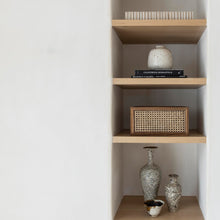 Load image into Gallery viewer, Rattan paneled organizing basket on open shelving