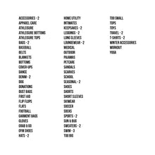 Load image into Gallery viewer, list of all terms included in label set for clothing closets, mudrooms and coat closets