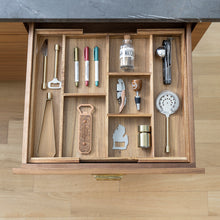 Load image into Gallery viewer, expanded acacia drawer insert in kitchen drawer with bar tools