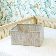 Load image into Gallery viewer, cloth bin holding sweaters labeled with handwritten, black removable label for organizing