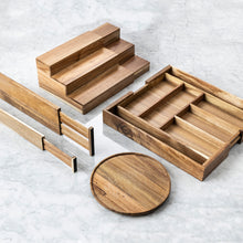 Load image into Gallery viewer, group image of multiple acacia wood organizers including drawer dividers, turntable/lazy susan, riser and drawer insert