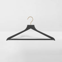 Load image into Gallery viewer, black slim, non-slip suit hanger with gold hook
