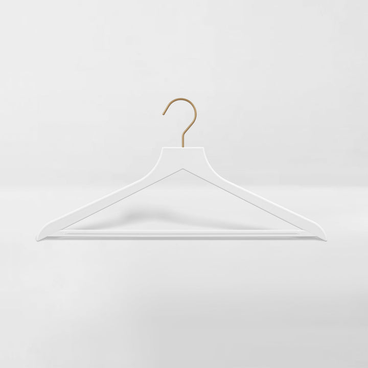 white slim, non-slip suit hanger with gold hook