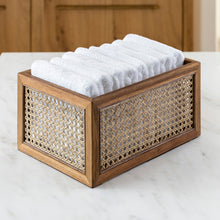 Load image into Gallery viewer, rattan and acacia wood organizing basket holding white hand towels
