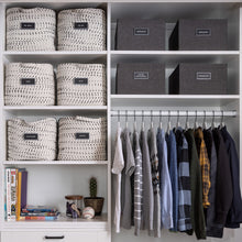 Load image into Gallery viewer, men&#39;s closet organized with labeled fabric bins 
