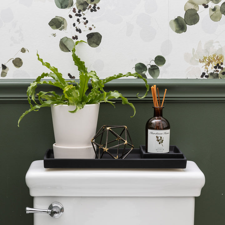 bathroom counter with white ceramic trays holding a plant and reed diffuser set