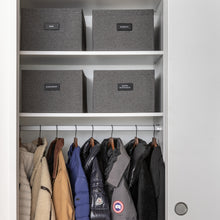 Load image into Gallery viewer, coat closet with dark grey fabric bins organized with black removable pre-printed labels
