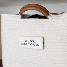 Load image into Gallery viewer, white cotton rope bin with white removable pre-printed label for mudrooms
