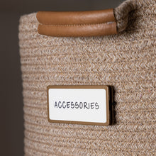 Load image into Gallery viewer, tan cotton rope bin with white removable pre-printed label for coat closets
