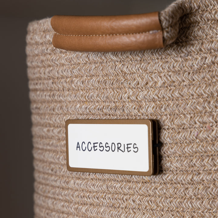 tan cotton rope bin with white removable pre-printed label for coat closets