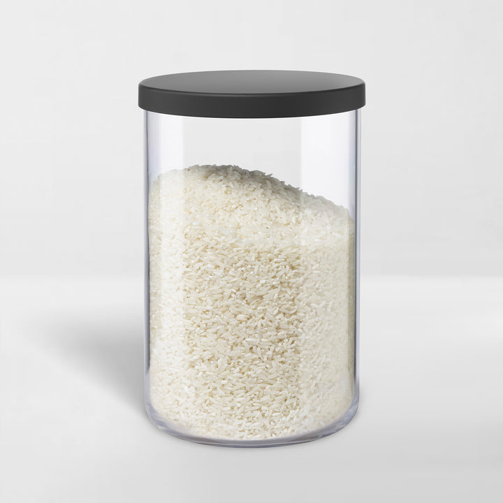 transparent storage canister with black lid holding rice