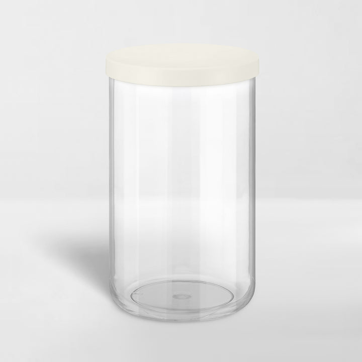 transparent storage canister with white lid