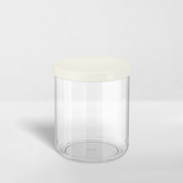 transparent storage canister with white lid