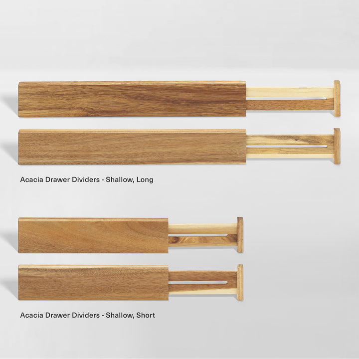 product image comparing two lengths of acacia wood drawer dividers