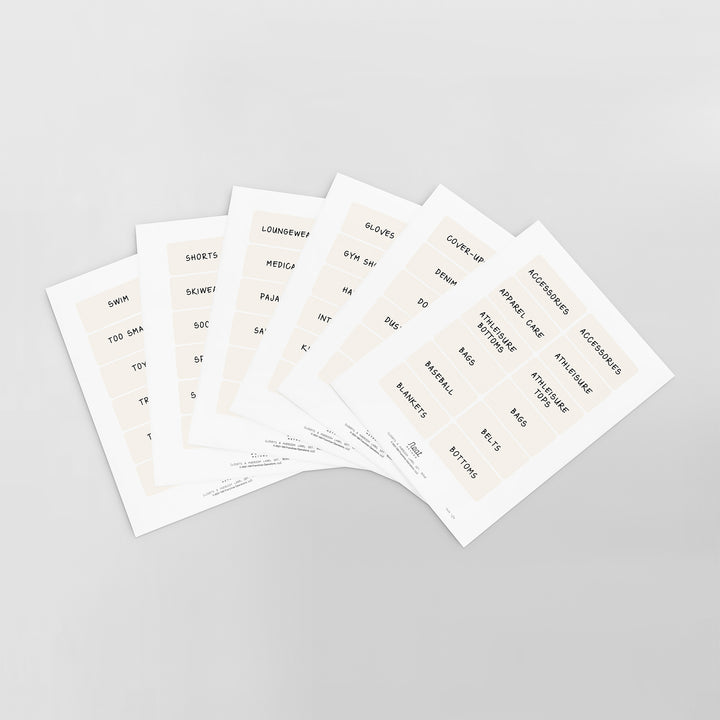 full set of white removable pre-printed labels for clothing closets and mudrooms