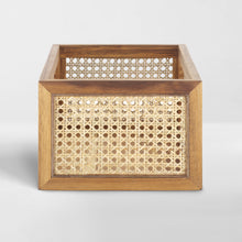 Load image into Gallery viewer, decorative organizing basket with rattan sides and solid acacia wood frame
