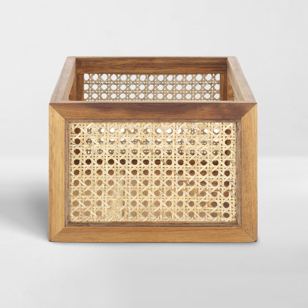decorative organizing basket with rattan sides and solid acacia wood frame