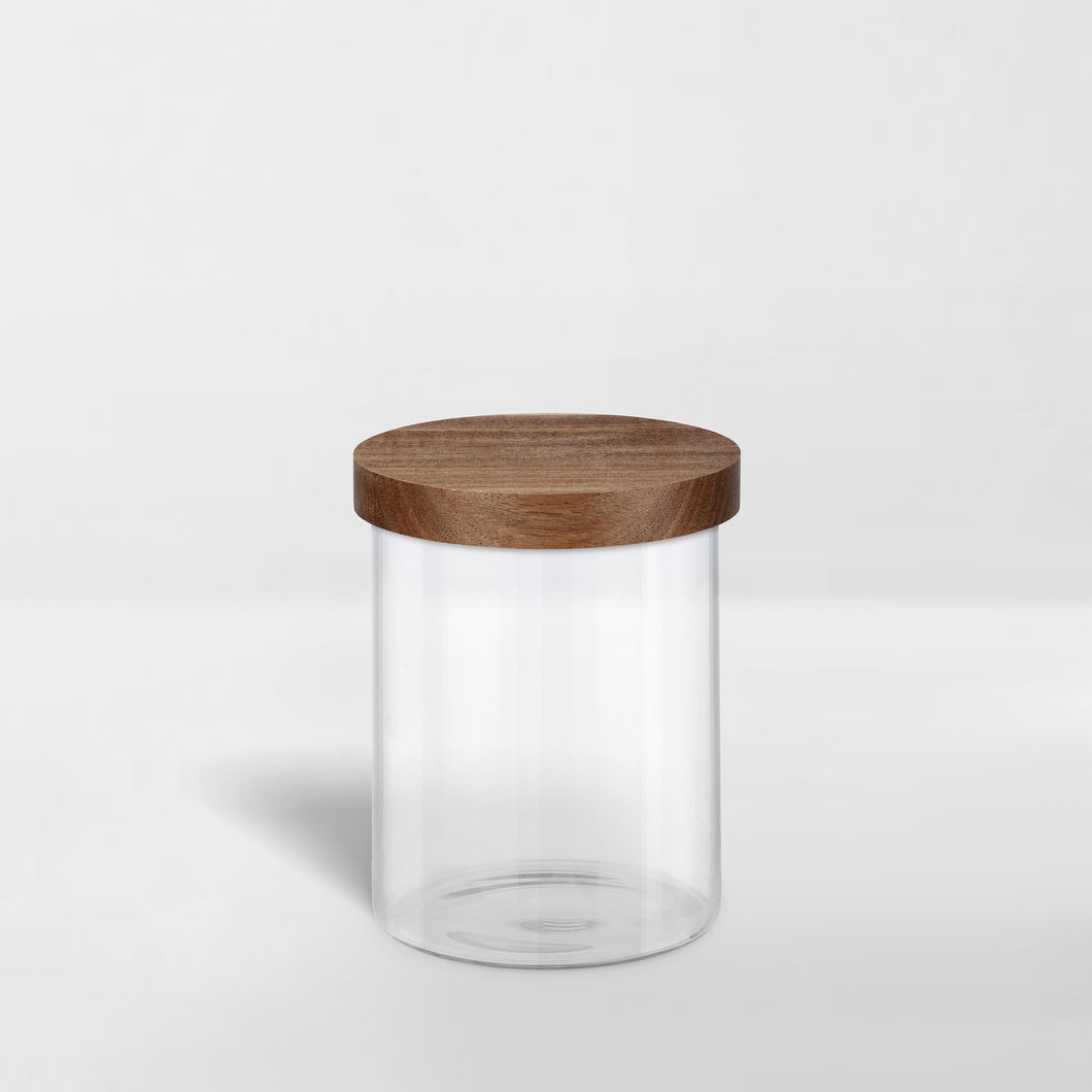 small glass jar with airtight acacia wood lid