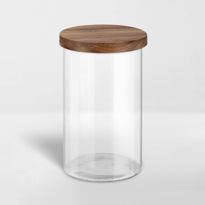large glass jar with airtight acacia wood lid