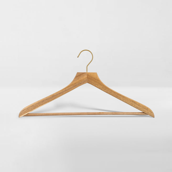 slim acacia wood suit hanger with brass metal hook