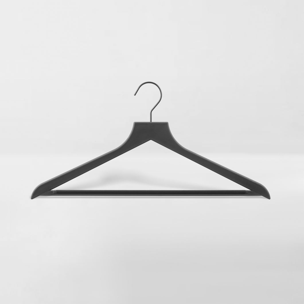 black slim, non-slip suit hanger with black hook
