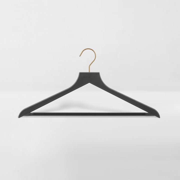 black slim, non-slip suit hanger with gold hook