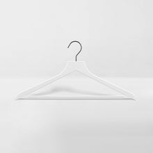 Load image into Gallery viewer, white slim, non-slip suit hanger with black hook
