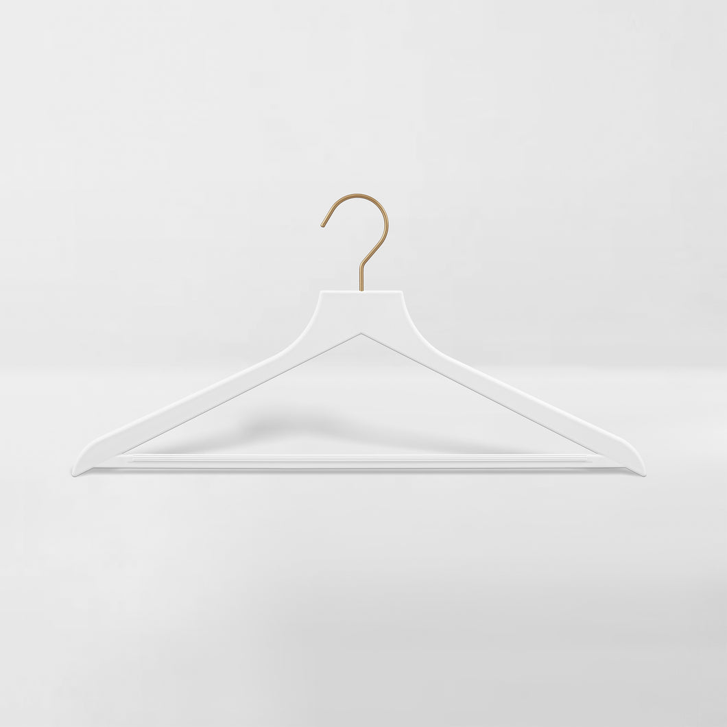 white slim, non-slip suit hanger with gold hook