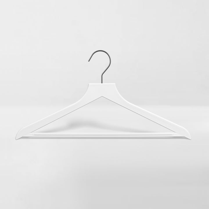 white slim, non-slip suit hanger with black hook for teen's clothing