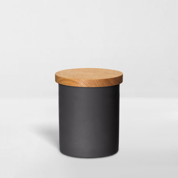black ceramic jar with wood lid for organizing