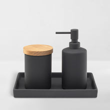 Load image into Gallery viewer, black ceramic set including tray, jar with wood lid and liquid pump dispenser
