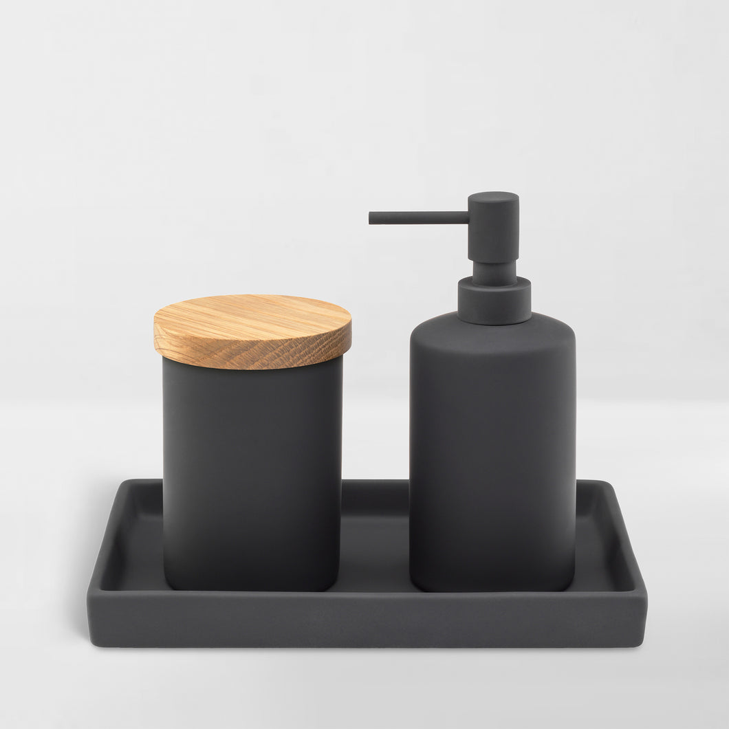 black ceramic set including tray, jar with wood lid and liquid pump dispenser