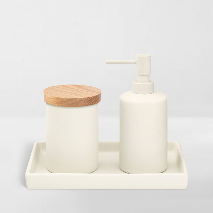 white ceramic set including tray, jar with wood lid and liquid pump dispenser
