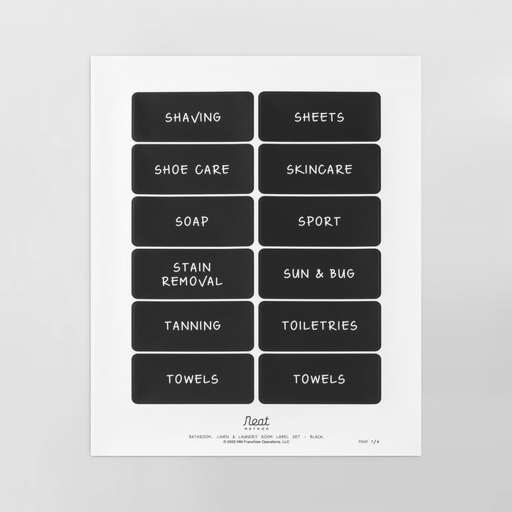 one sheet of black removable bathroom and laundry labels