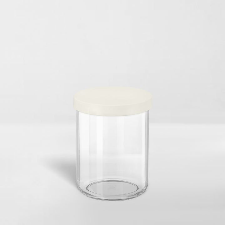 transparent storage canister with white lid