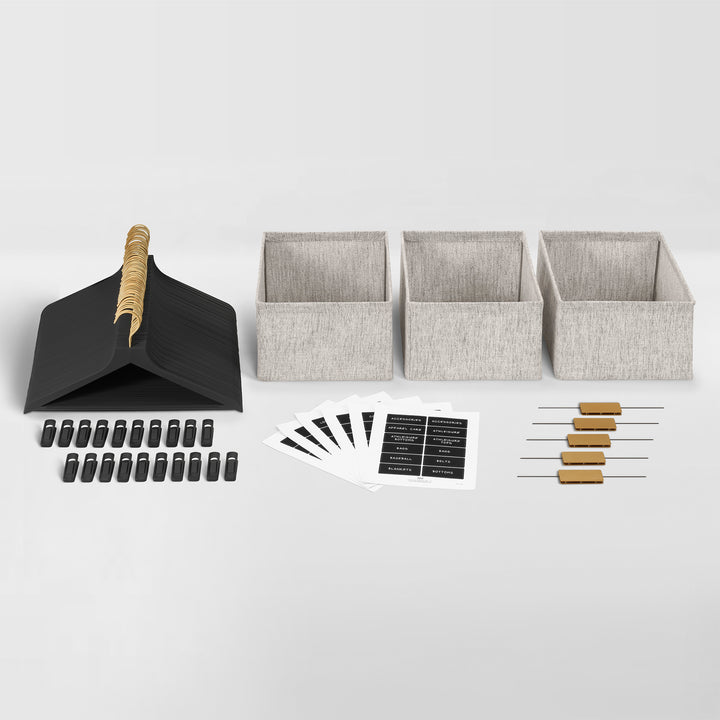 bundle of black organizing products with gold accents 