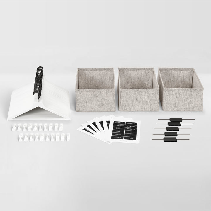 bundle of white closet organizing products with black accents