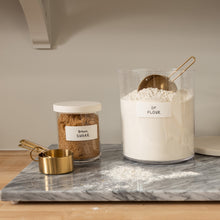 Load image into Gallery viewer, canisters of flour and brown sugar with white removable labels for organizing
