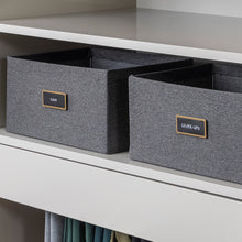 Load image into Gallery viewer, closet with dark grey fabric bins organized with black removable preprinted labels
