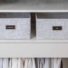 Load image into Gallery viewer, closet with light grey fabric bins organized with black removable pre-printed labels
