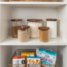 Load image into Gallery viewer, pantry shelf of glass jars with acacia wood lids holding baking supplies
