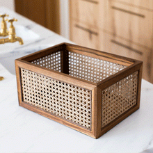 Load image into Gallery viewer, rattan and acacia wood basket organizing bathroom hand towels
