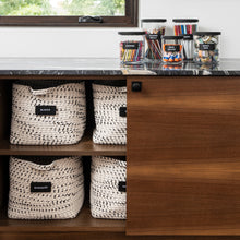 Load image into Gallery viewer, playroom cabinet with baskets and hand written black removable labels for organizing
