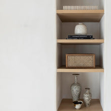 Load image into Gallery viewer, Rattan paneled organizing basket on open shelving
